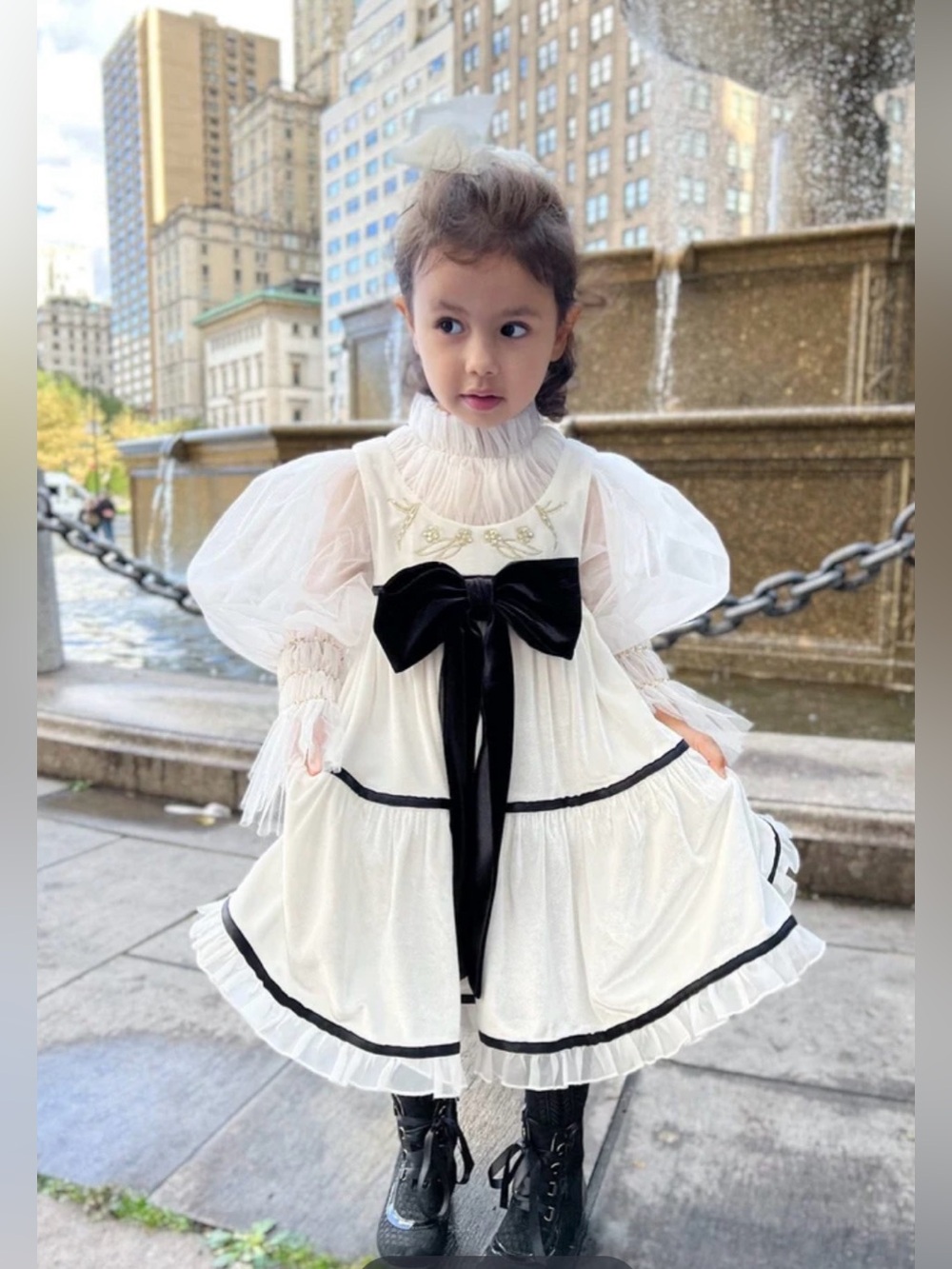 Petite MAISON kids Aurora Ivory Velour Dress with Tulle Puff Sleeves size 8 NWT
